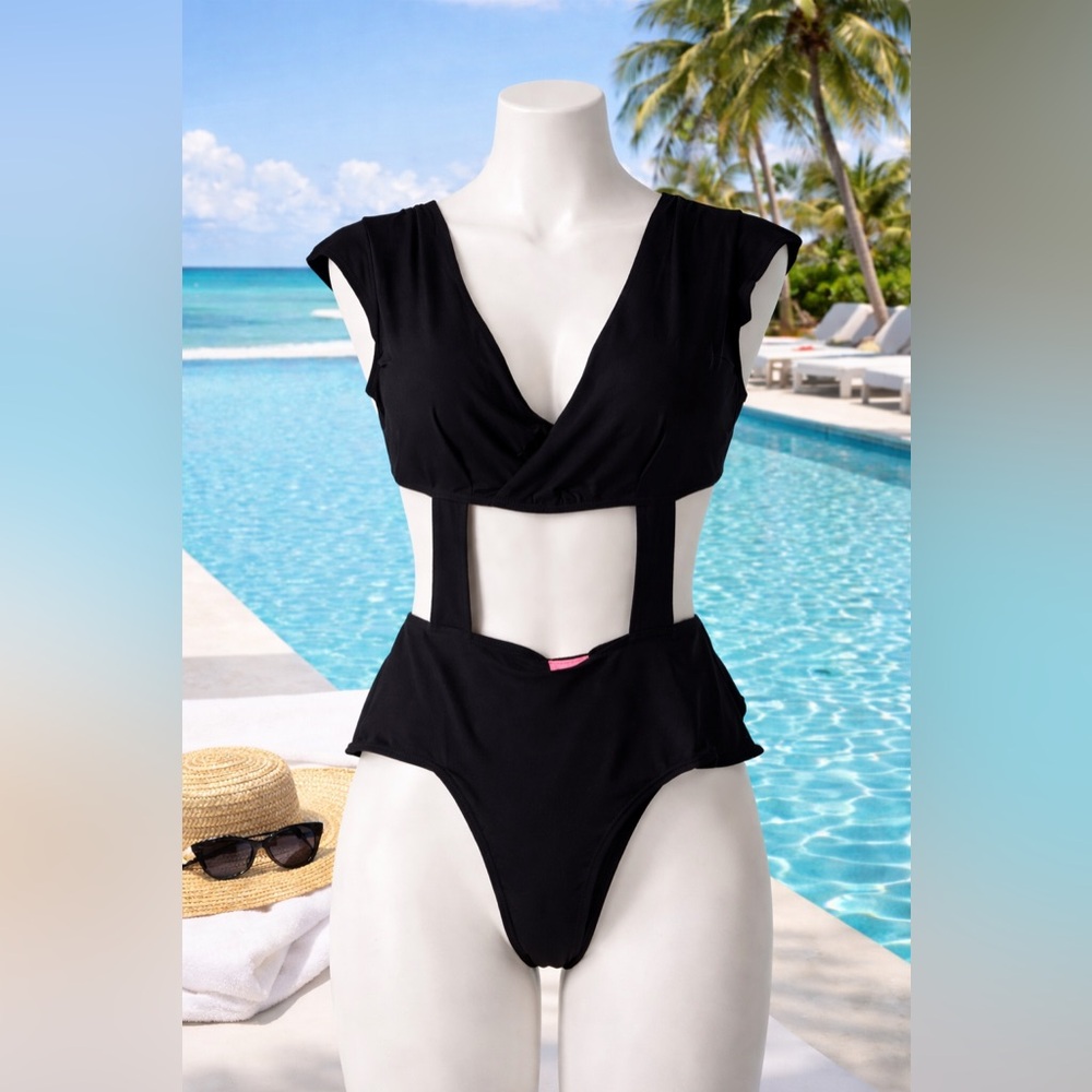 Lolli Swim Black Cutout One Piece Swimsuit Ruffle Waist NWT- Made in California